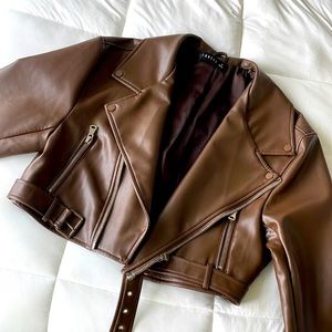 Lioness Brown Staten Island Vegan Leather Jacket SMALL